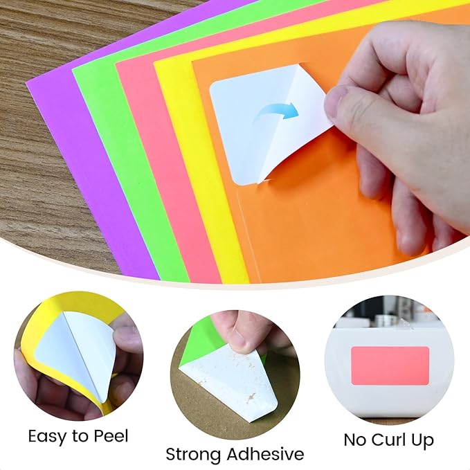 THEBLUETOUCH 2" x 4" Colored Labels Stickers, 5 Bright Colors Assorted Neon Labels for Laser/Inkjet Printers, 250 Printable Address Stickers (25 Sheets)