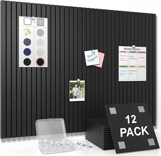 Smarpau Large Cork Board for Walls, 48"x36" Bulletin Board, 12 Pack Slat Felt Wall Tiles with Pushpins Removable Security Tabs, Pin Board for Office Wall Organizer Protector -Black