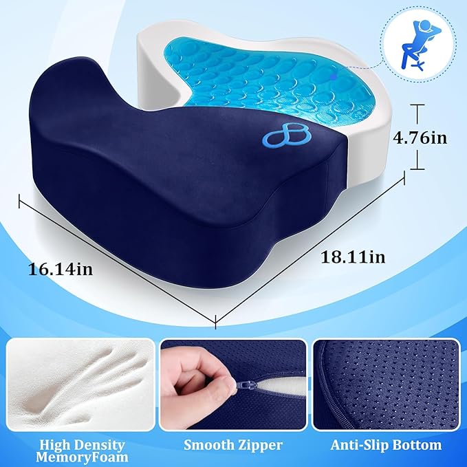 CushyOasis Seat Cushion, Gel Chair Cushions, Office Chair Cushions, Anti-Slip Bottom & Removable Cover Tailbone Pain Relief Cushion, Memory Foam Seat Cushion for Office, Wheelchair, Car (Blue)