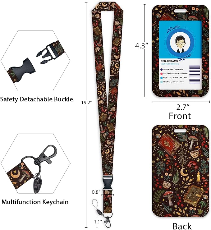 Giancomics Book Mushroom Lanyards for Id Badges, Witchy ID Badge Holder with Retractable Reel, Flower Teacher Lanyard with Keychain Key Clip Carabiner Name Tag Card Holder Protector Office Women Gift