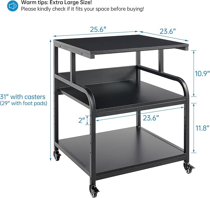 Fannova 25.6" x 23.6" Extra Large Printer Stand Table with Adjustable Storage Shelf, 3 Tier Rolling Printer Cart with Industrial Wheels for Home Office, Black