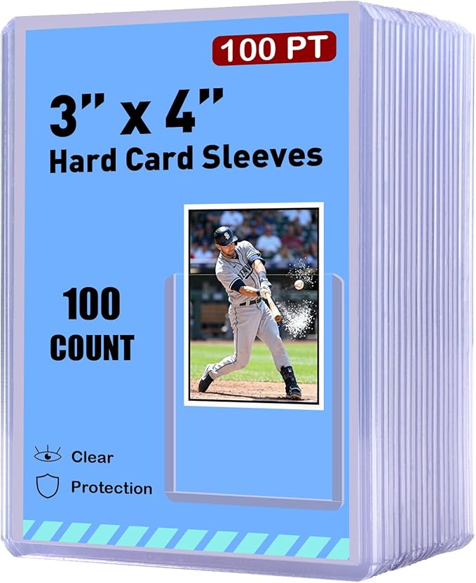 100ct 3"x4" Hard Card Sleeves - 100pt Hard Plastic Trading Card Protector, Rigid Card Sleeve, Clear Open-Top Card Sleeve Fits Thick Cards Such as Baseball, Soccer, Basketball, Hockey, Game Cards
