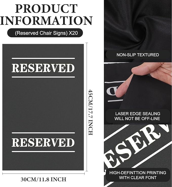 20 Pcs Reserved Chair Signs Cloth Church Placeholder Reserved Pew Signs Chair Reserved Seat Coverswith Printed Words For Weddings, Churches, Eceptions, Cinema,Celebrations, Parties and Events (Black)