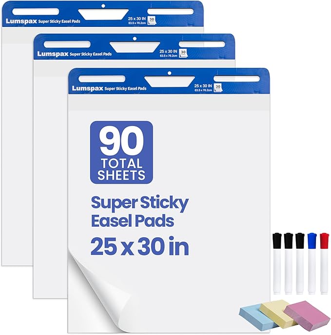 Lumspax Sticky Easel Pads 25x30 In, 3 Pack Large Self Stick Flip Chart Paper with Enhenced Power, 90 Sheets Total