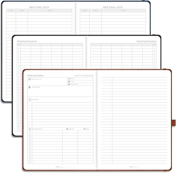 EMSHOI Meeting Notebook for Work with Sticky Tabs - 240 Pages, A4 Size Project Planner, PU Leather Meeting Agenda/Minutes Organizer for Women Men Note Taking Office Business, 8.3"x11.7", Dark Green