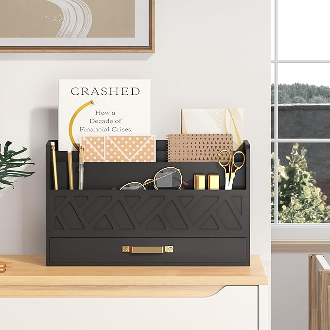 WISUCART Bamboo Mail Organizer Countertop Wood Desk Organizer Drawer Tabletop Storage Box Letter Sorter Makeup Organizer for School Home Office Supplies Black