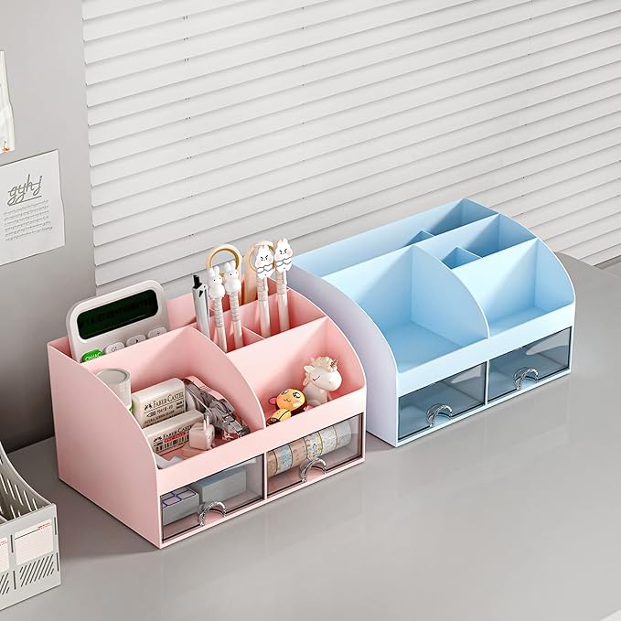 COMFYROOM Desk Organizer with 6 Compartments and 2 Drawers, Plastic Makeup Organizer, Pen Holder for Desktop Storage, Desk Organization for School, Home, Office Supplies (Pink)