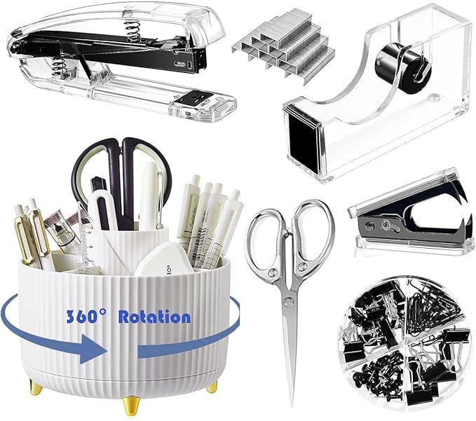 Gawsey Desk Organizers and Accessories Set with 360-Degree Rotating Pen Holder, Acrylic Stapler, Tape Holder, Staple Remover, Binder/Paper Clips Kit, Scissor and 1 Box of Staples