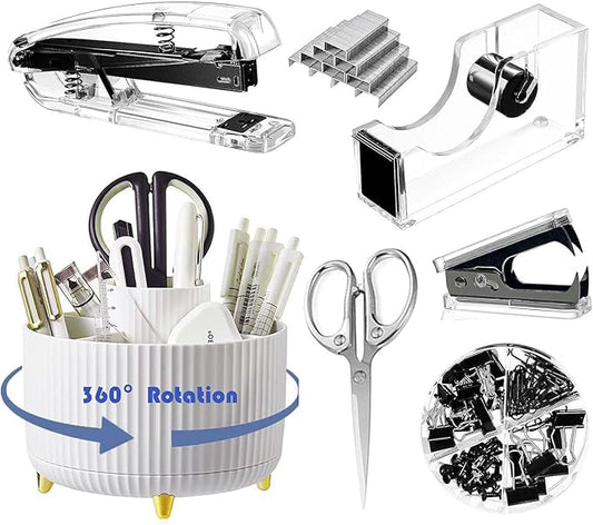 Gawsey Desk Organizers and Accessories Set with 360-Degree Rotating Pen Holder, Acrylic Stapler, Tape Holder, Staple Remover, Binder/Paper Clips Kit, Scissor and 1 Box of Staples