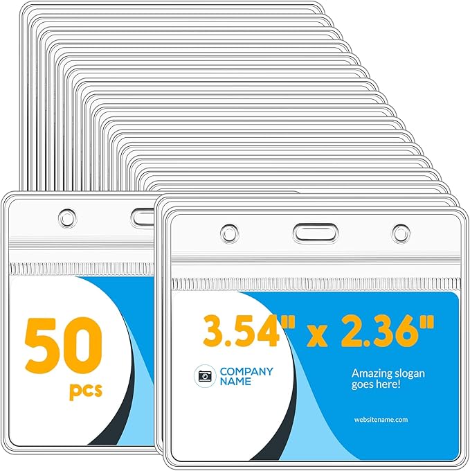 Marspark 50 Pieces Clear Plastic Horizontal Name Badge ID Card Holders with Waterproof Type Resealable Zip, 3.54 x 2.36 in, Transparent PVC Sleeve for Office Back to School Supplies