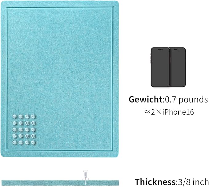 Bulletin Board, 24 x 18 inches Felt Board Decorative Pin Board, Cork Board Alternative for Wall, Foldable Self-Adhesive Vision Board Mood Board with 20 Pushpins - Turquoise Blue