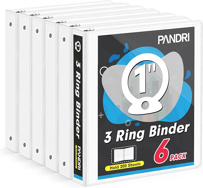 3 Ring Binder 1 Inch, PANDRI 6 Pack 1-Inch Binder Fits Letter Size 8.5'' x 11'' Paper, Versatile Binders for Office Home School, 2 Pockets, White