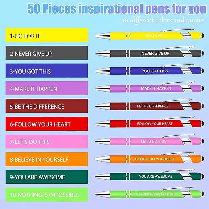 Greengines 10 Pcs Inspirational Pens - Motivational Ballpoint Ink Pens Bulk with Stylus Tip quotes Gifts for School Coworkers Office Supplies Black Ink