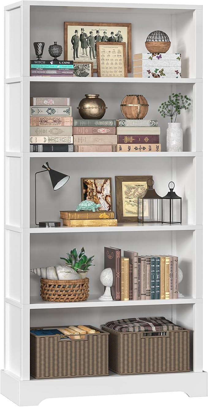 TVU 5-Tier Wooden Book shelf, 65"H × 31.5"W × 9.9“D Bookshelf with Storage, Floor-Standing Display Bookcase, Farmhouse Style Bookshelf with Arched Base, Suitable for Living Room, Study, Office, White