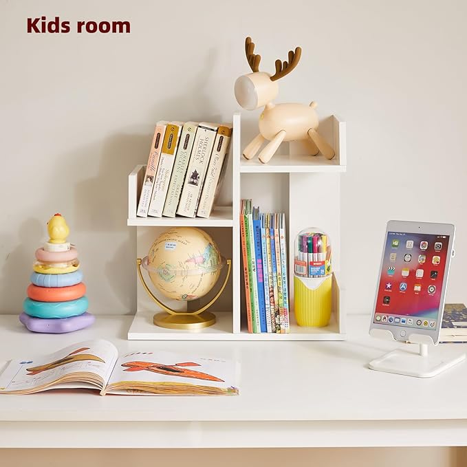 Aibiju Small White Desk Organizer, 2 Tier Tree Cactus Bookshelf, Desktop Organizer Wood, Small Plant Shelf White YD-DSR002W