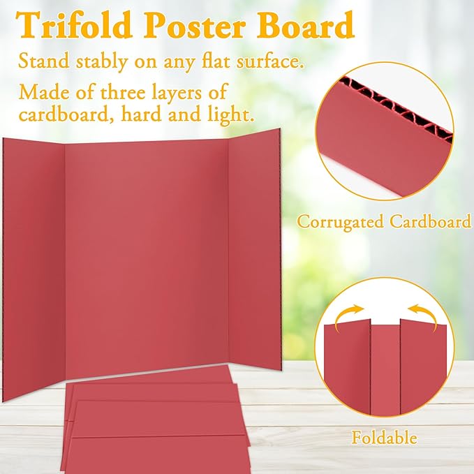 AKONEGE 3PCS Small Trifold Poster Board, 21 x 14 Inches Red Corrugated Cardboards Tri Fold Poster Boards for School Projects, Science Fair, Business Presentations, Exhibitions, Event Display