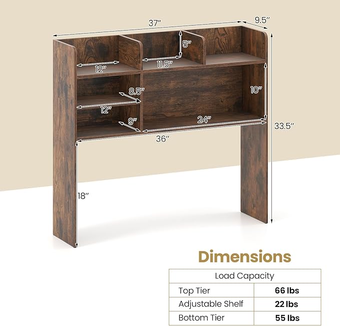 Tangkula Desktop Bookshelf for Computer Up to 32”, 37” Countertop Storage Hutch with 6 Storage Shelves, 3-Tier Desktop Organizer Display Rack, Wooden Desk Hutch for Dorm Home Office (Rustic Brown)