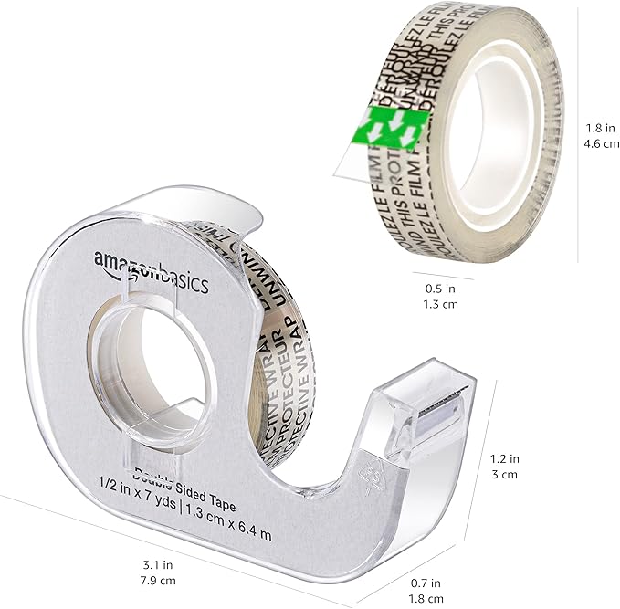 Amazon Basics Double Sided Refillable Permanent Tape with Dispenser, Narrow Width, 1/2 x 252 inches, 3-Pack, Translucence