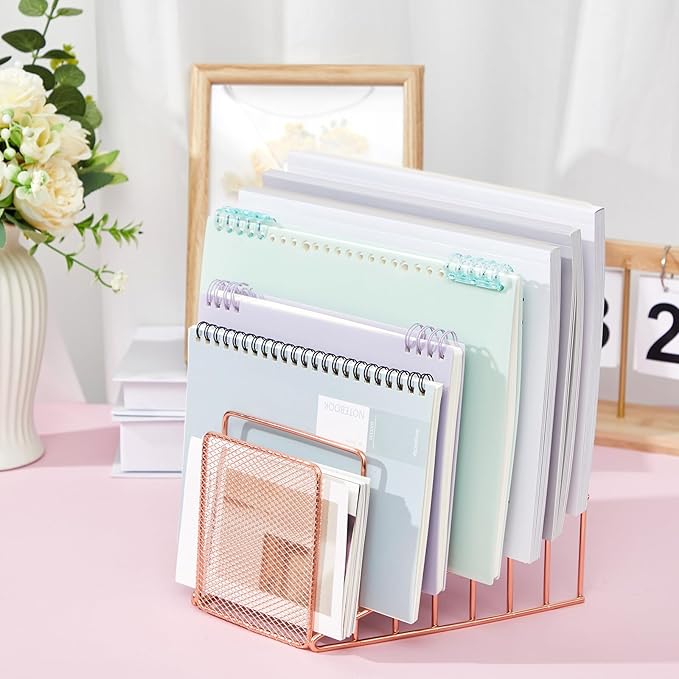 2 Pcs 7 Section Incline File Sorter Metal Wire Mesh File Rack for Desktop Letter Sorter for Magazine Folder Book Organizer Home Office School Paper Mail Desk Storage Holder (Rose Gold)