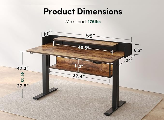 FEZIBO 55" Electric Standing Desk with Shelves, 55 x 24 Inch Sit Stand Rising Desk with Monitor Stand and Storage, Ergonomic Home Office Computer Desk, Rustic Brown
