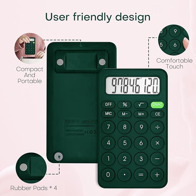 Cute Calculator, Basic Four Function for Teachers Students Basics Office, Small Handheld Calculators, 8 Digit with LCD Display, Sensitive Button, 5.5×3.2 inches Deep Green