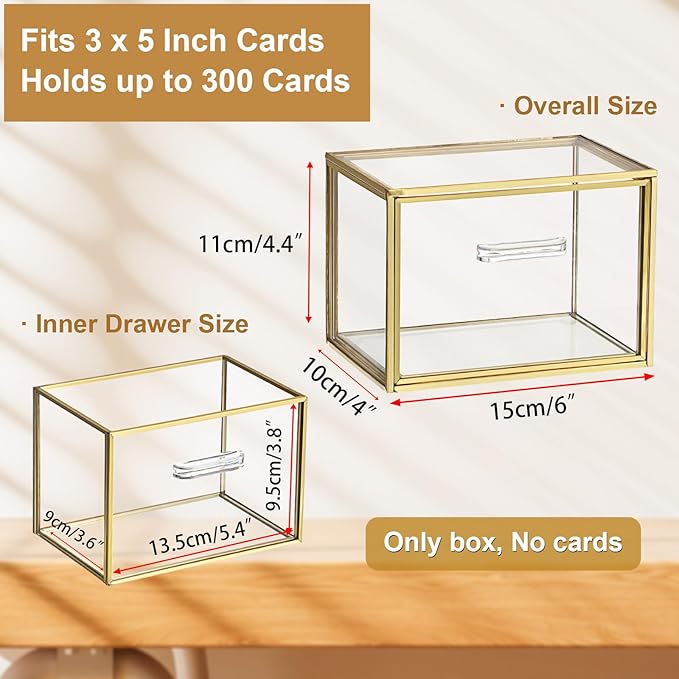 BTSKY Golden Glass Index Card Organizer Box, 3x5 Inch Index Cards Holder with Drawer, Flash Card Storage Holder, Recipe Notecard Box for Office Desk Photo Case Business Cards and Study Note Cards