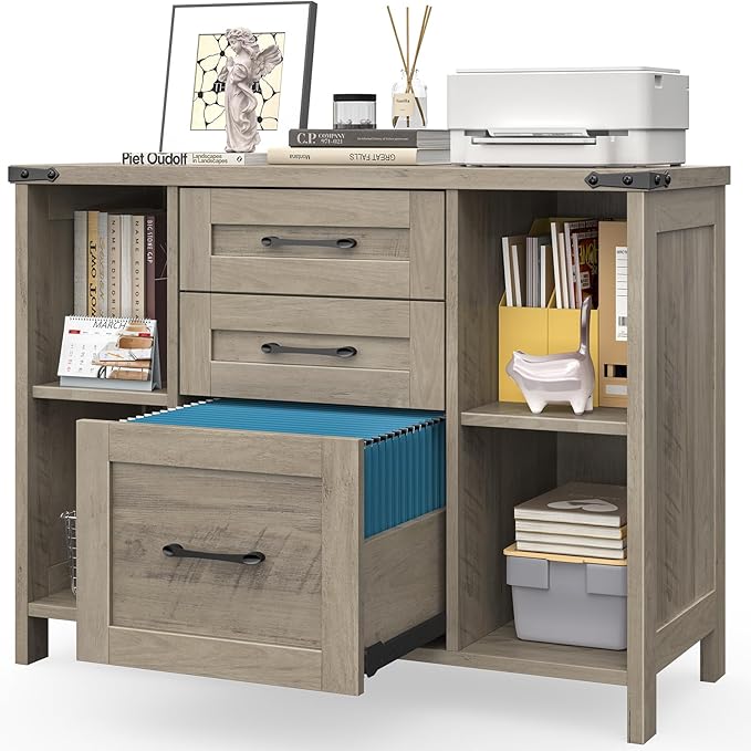 Vabches File Cabinet with 3 Drawers, Farmhouse Lateral File Cabinet Fits Files Letter/A4 Size, Wooden Filing Cabinet with Adjustable Shelves Printer Stand for Home Office, Grey