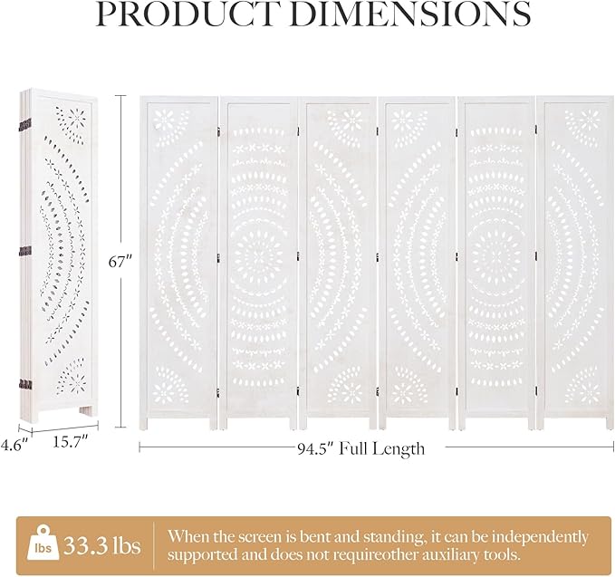 66.9Inch Folding Room Divider, 6 Panels Wood Carved Privacy Screens, Free Assembled Freestanding Partition for Home Office Restaurant Bedroom (White-Washed)