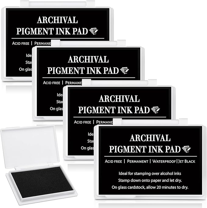 MotiMind 4 Pcs Black Archival Pigment Waterproof Ink Pad for Stamps 3.7 x 2.5 Inch Permanent Waterproof Black Ink Pad for Card Making, Stamping, Scrapbooking Gift