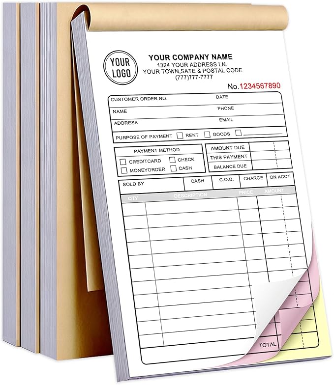Custom Invoice Book with Logo 50 Set Personalized Receipt Books Customized Invoices for Small Business 3 - Parts Carbonless Duplicate Invoice Forms NCR Books