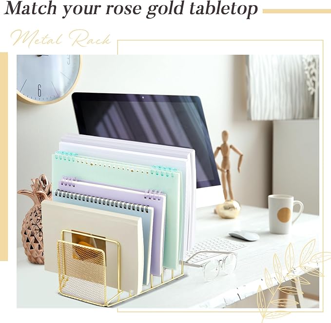 2 Pcs 7 Section Incline File Sorter Metal Wire Mesh File Rack for Desktop Letter Sorter for Magazine Folder Book Organizer Home Office School Paper Mail Desk Storage Holder (Golden)