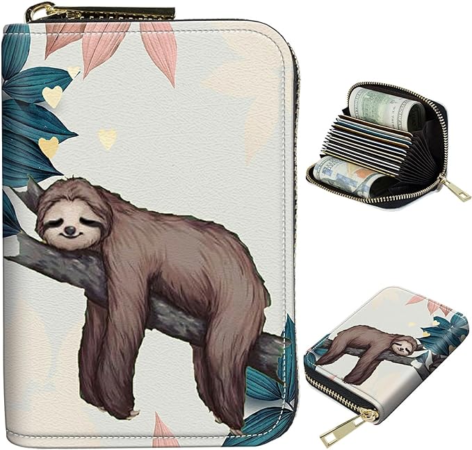 BWEGRHE Cute Credit Card Holder with Zipper, Sloth RFID-Blocking Card Case Small Wallet for Women Men, Multi-slot Card Organizer Case Travel Accordion Wallet