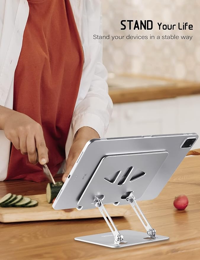 Aoviho Tablet Stand Holder for Desk, Adjustable Desktop Tablet Holder, Foldable Aluminum Tablet Mount for iPad pro 11, iPad Air Mini, Samsung Galaxy Tabs Z Fold Kindle Fire 4-12 inch, Silver