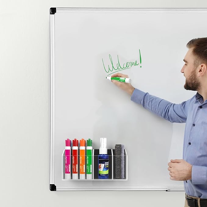 HBlife 2 Pack Magnetic Dry Erase Marker Holder for Whiteboard with 3 Compartments, Acrylic Wall Mount Magnet Pen Holder for Refrigerator, Locker Organizer Accessories for Classroom Office, Clear