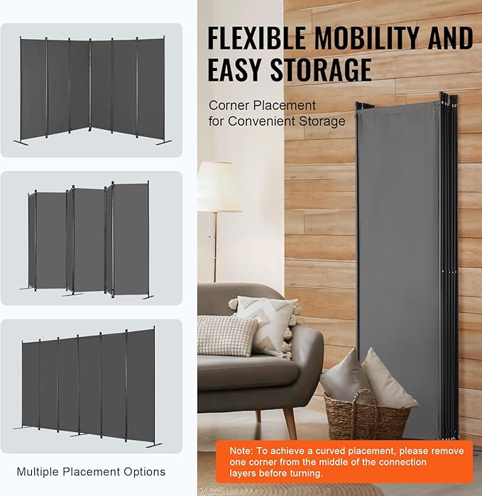 VEVOR Room Divider, 6 Panel Room Divider, Folding Privacy Screen and Portable Partition Divider for Room Separation, Freestanding Room Partitions for Office, Bedroom, Study, Grey