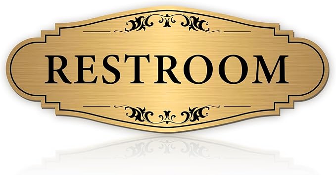 Restroom Sign Sticker for Business & Home, Self-Adhesive Brushed Gold Elegant Bathroom Signs for Door, Durable & Waterproof Unisex Restroom Signage for House toilet, Office, Store, Shop