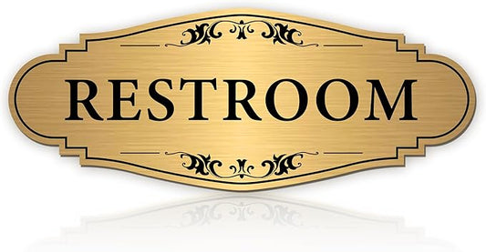 Restroom Sign Sticker for Business & Home, Self-Adhesive Brushed Gold Elegant Bathroom Signs for Door, Durable & Waterproof Unisex Restroom Signage for House toilet, Office, Store, Shop