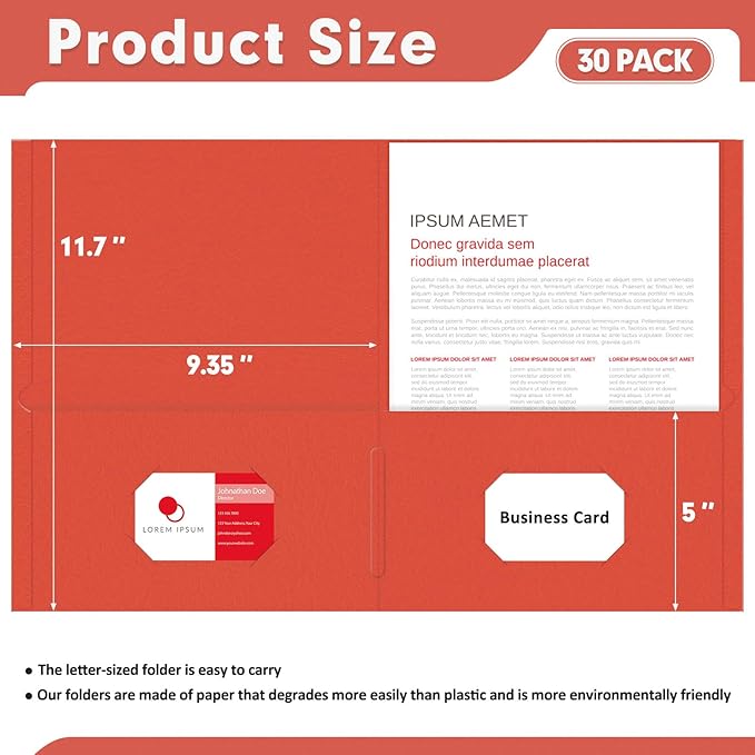 Two Pocket Folders, PANDRI 30 Pack 2 Pocket Folders, Letter Size Paper File Folder for School Office Home Business, Red