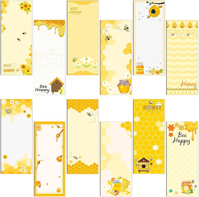 Gersoniel 12 Packs Magnetic Notepads for Refrigerator Monthly Grocery Magnetic List Set to Do List Pads Back Memo Notepad 9 x 3.5 Inches for Fridge Kitchen Shopping Grocery(Yellow,Bee)