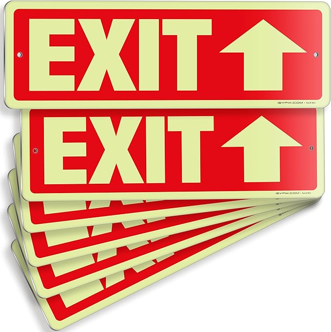 iSYFIX Exit Signs with Directional Up Arrow, Glow in the Dark, Photoluminescent Aluminum 12x4 Inch - 6 Pack, Laminated for UV & Weather Resistance, Ideal for Offices, Schools, Theaters & More