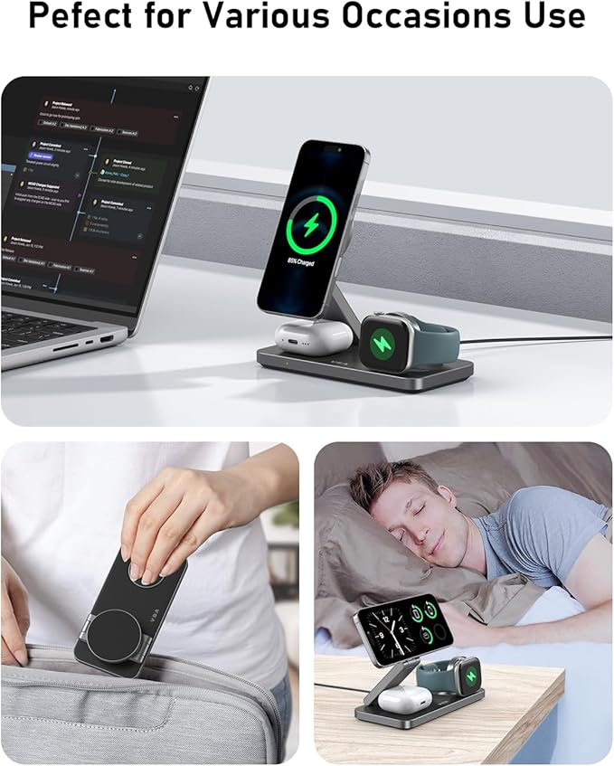 VBA 3 in 1 Wireless Charging Station for Apple MagSafe Charger,Foldable Fast Charging Magnetic Wireless Charger Stand,Travel Charger for iPhone 17 Air 16 15 14 13 12,Apple Watch,AirPods (Black)