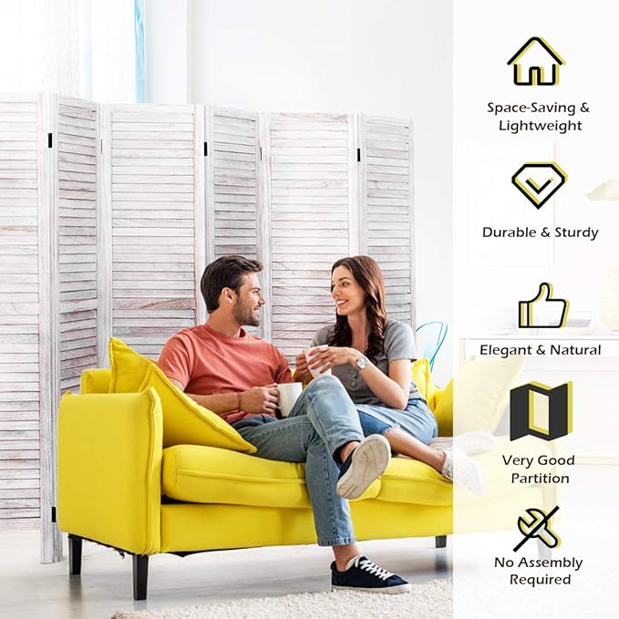 Giantex 6 Panel Wood Room Divider, 5.6 Ft Tall Oriental Folding Freestanding Partition Privacy Room Dividers Screen for Home, Office, Restaurant, Bedroom (White)