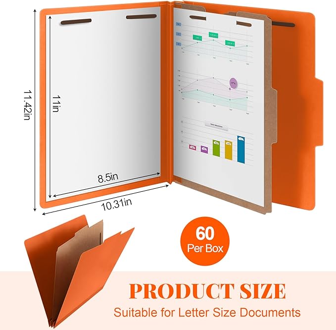 Skyygemm 60 Pcs Classification Folders Letter Size, 1 Divider Pressboard File Folder with Fasteners, Expanding File Organizer Bulk for School Teachers, Office Employee, Coworker, Staff (Orange)