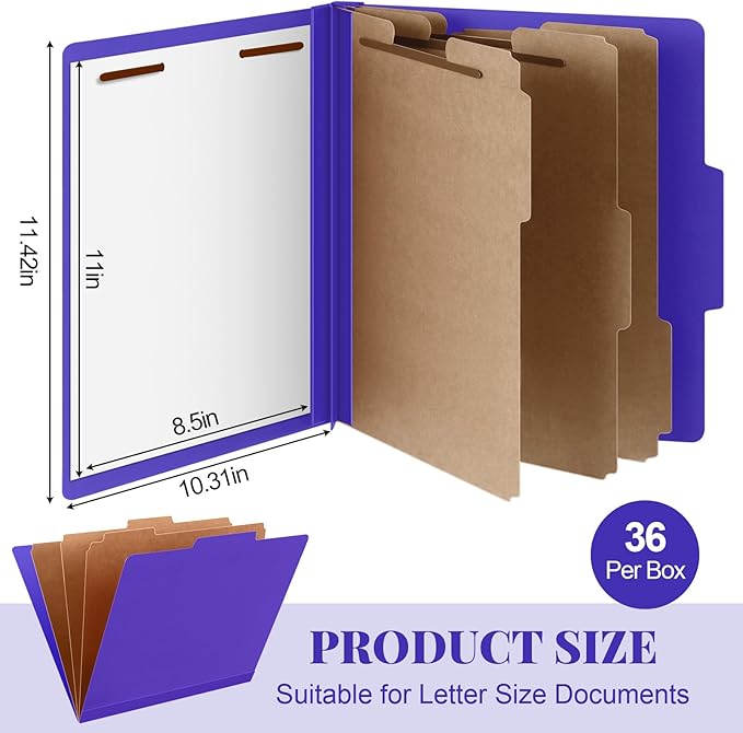 Skyygemm 36 Pcs Classification Folders Letter Size, 3 Divider Pressboard File Folder with Fasteners, Expanding File Organizer Bulk for School Teachers, Office Employee, Coworker, Staff (Purple)