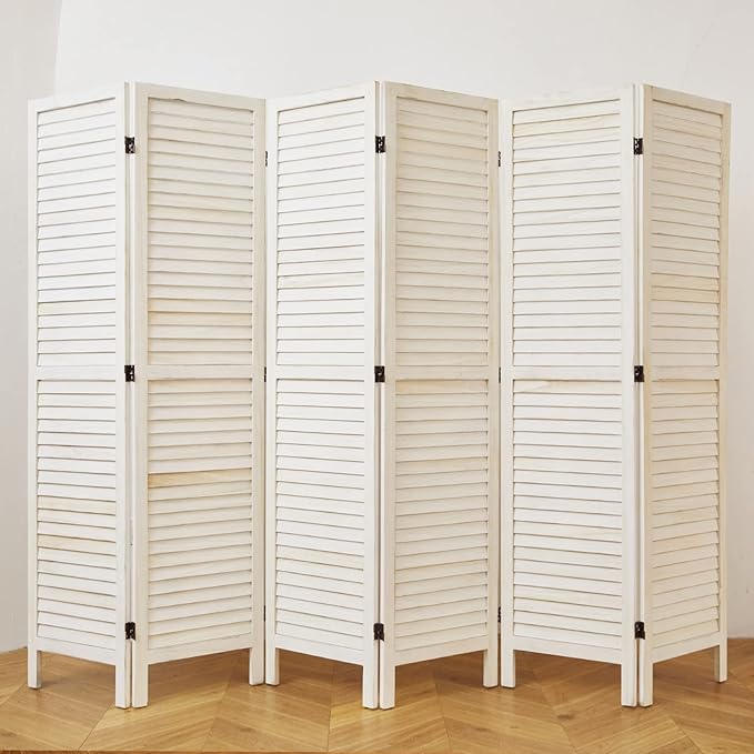 Room Dividers and Folding Privacy Screens, Wood Louvered Separators Divider Wall for Home Office Bedroom - 6 Panels, 67 * 90inch (White-Washed)
