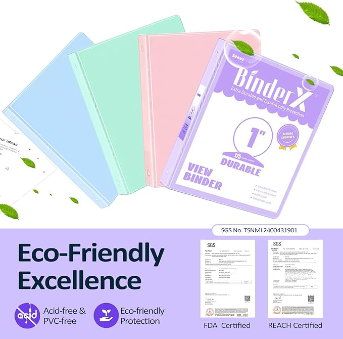 BinderX Extra Durable 3 Ring Binder, Round Rings 1 Inch Binder, Fits 175 Sheets of 8.5x11 Paper, Customizable View Cover with Inside Pockets, Cute 1" Binders, 1 Inch Binders 3 Ring, Lavender Purple
