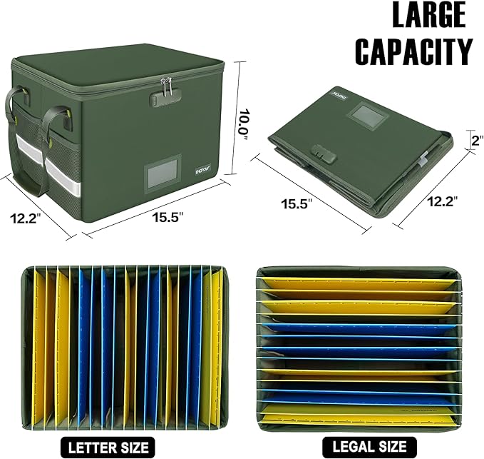 ENGPOW File Box with Lock, Fireproof Document Box with Zipper Lid, Collapsible File Storage Organizer Filing Cabinet with Handle, Portable Home Office Safe for Hanging Letter/Legal Folders, Green