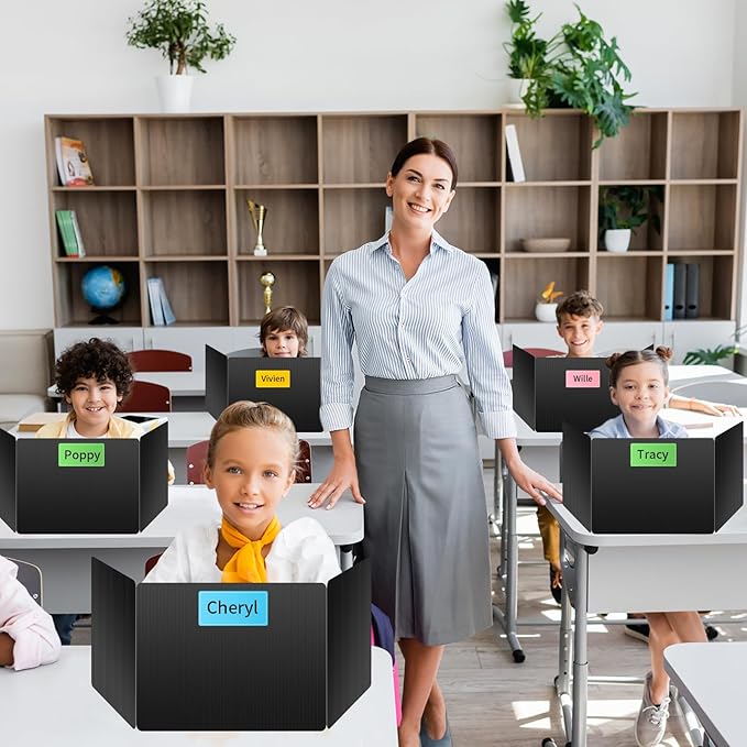 12 Pack Black Desk Dividers for Students, Privacy Shields Folder for Students, Durable & Waterproof Plastic Study Board, Classroom Teacher Supplies Test Divider, Includes Extra Labels