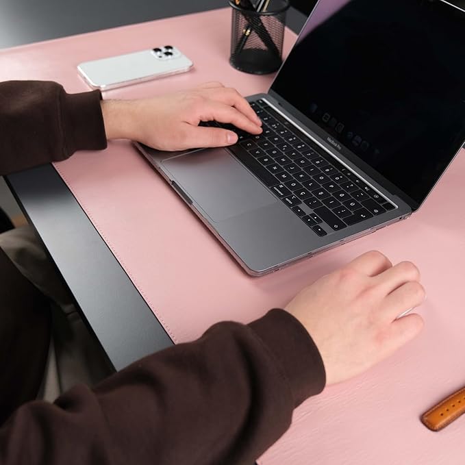 TORONATA Jersey Genuine Calfskin Leather Desk Pad, Office Desk Mat with Non-Slip Bottom, Smooth Surface for Mouse & Keyboard, Desk Protector (14.6x31.5 inches) (Pink)