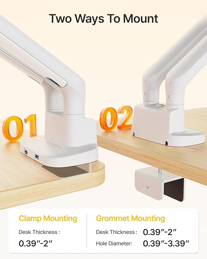 monTEK Dual Monitor Arm with USB, Mechanical Spring Monitor Arm for 17-35" Screens, Adjustable Monitor Desk Mount Each Holds up to 24.2 lbs with C Clamp/Grommet Desk Mount, VESA 75/100mm, MA1011UCWH-D